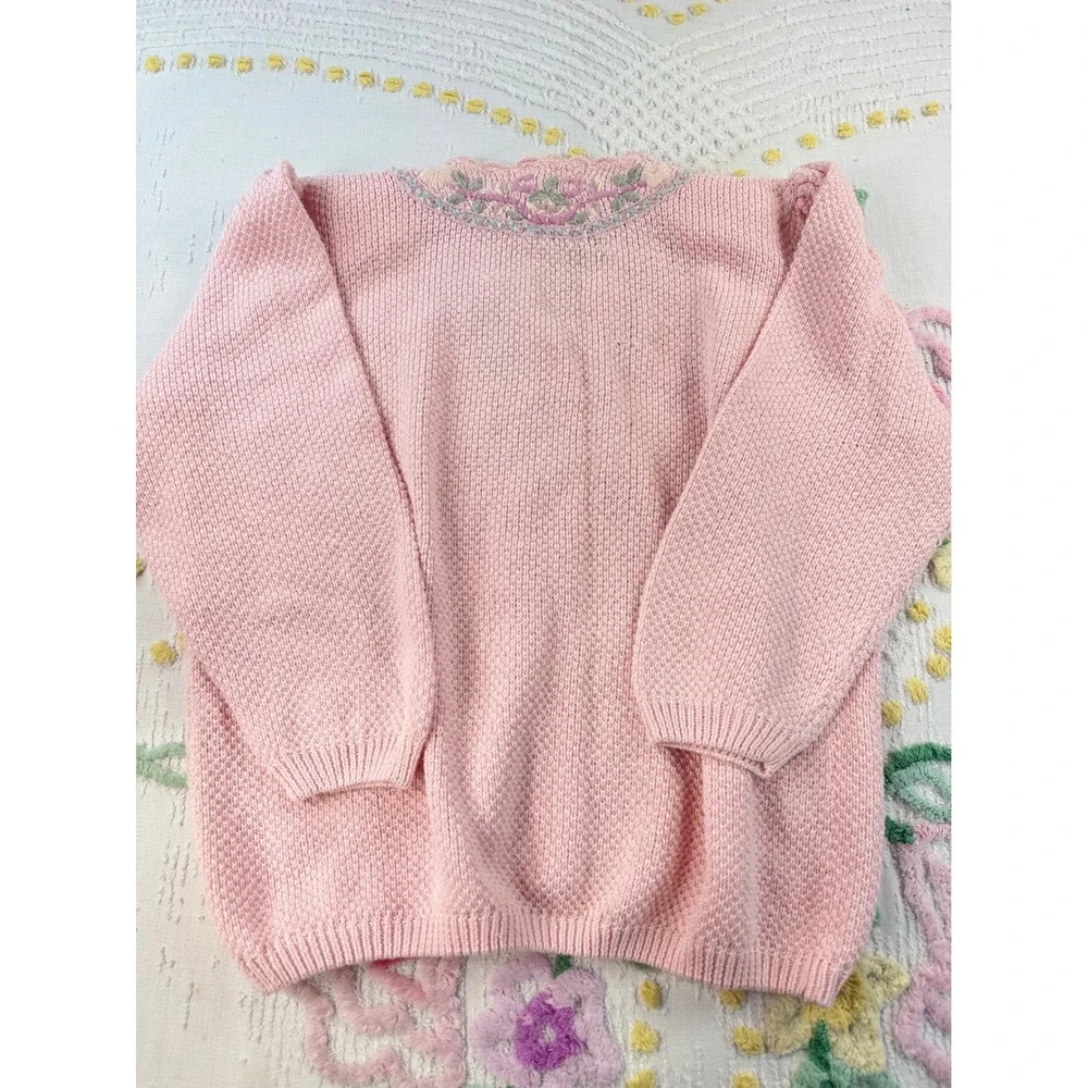 Maggie Lawrence Vintage Pink Floral Embroidered Pearl Button Sweater 26W